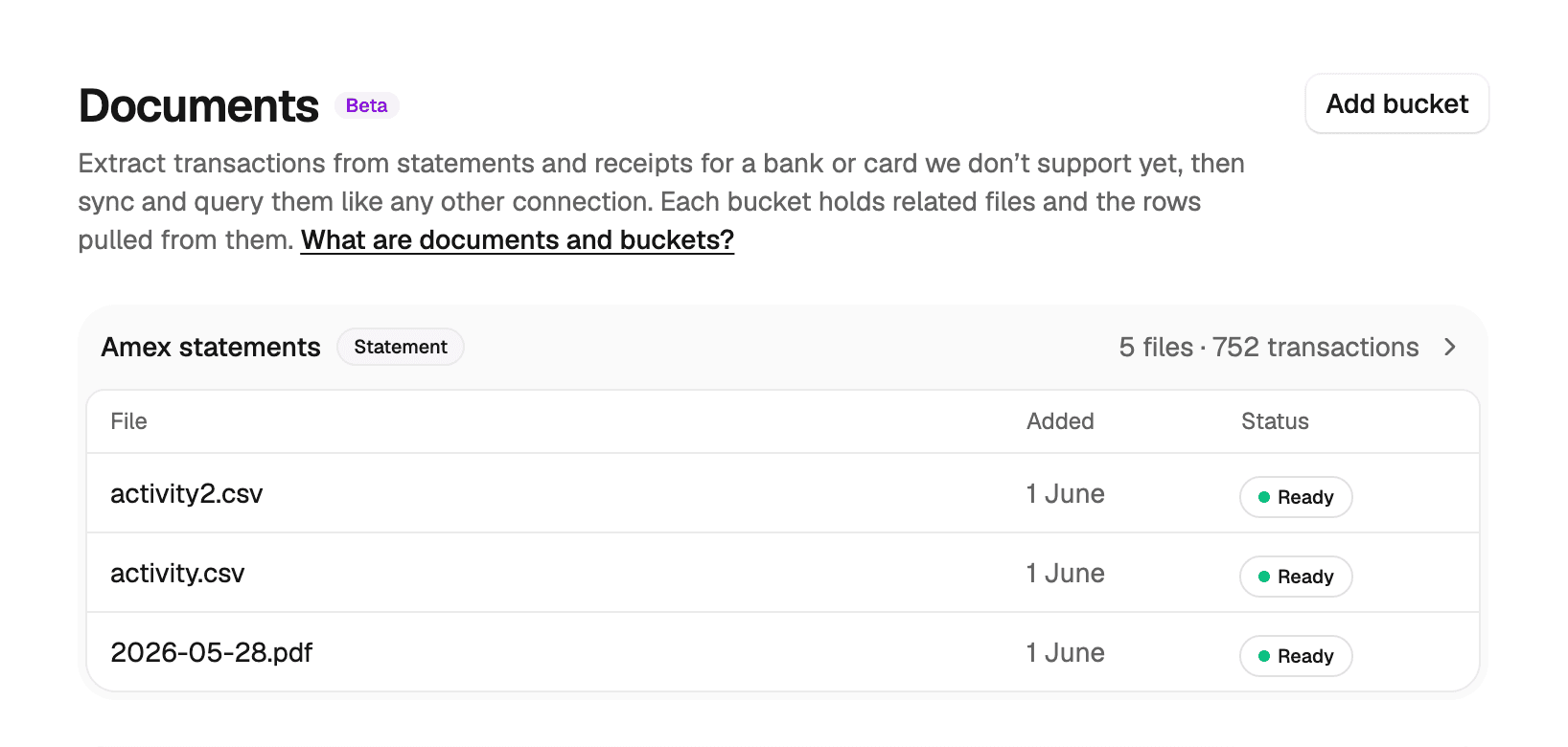 The Documents area showing a statement bucket with extracted files