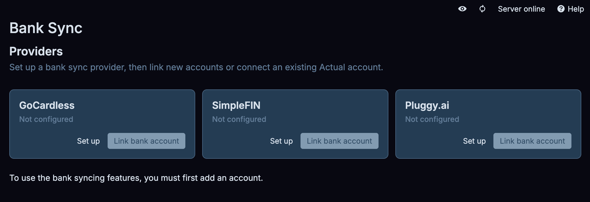 Actual's bank sync settings with the three providers