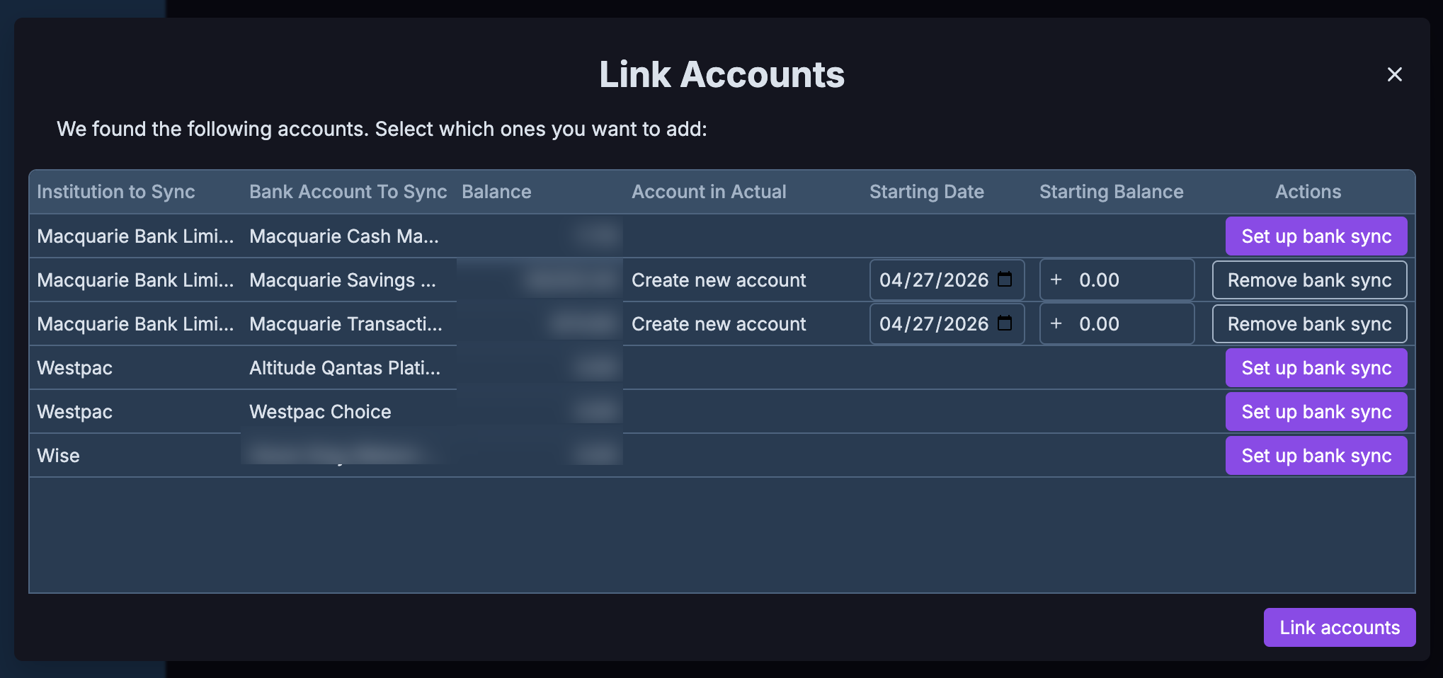 Choosing accounts, start dates, and opening balances