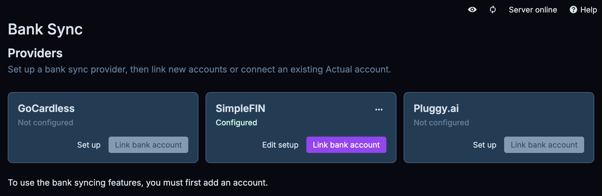 SimpleFIN configured in Actual