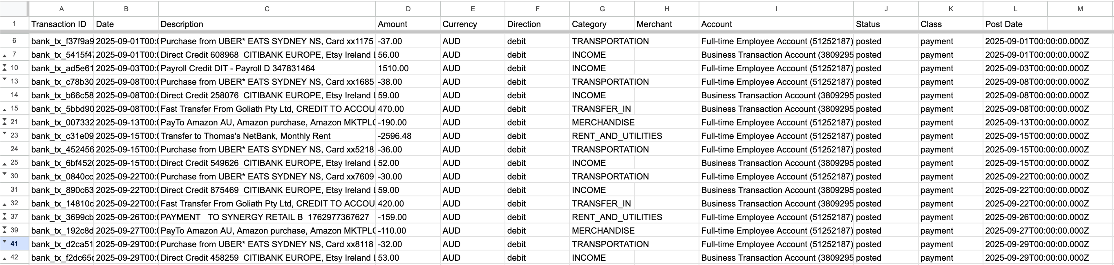 Synced transactions in Google Sheets
