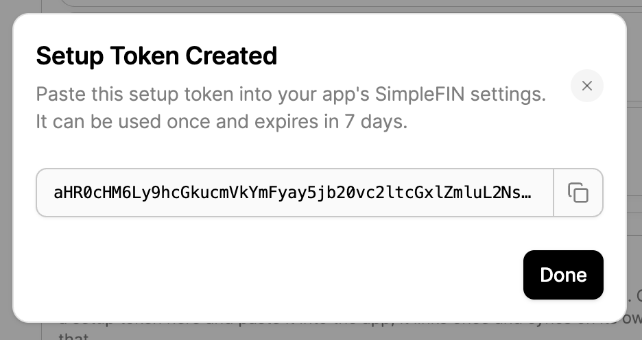 The generated setup token, shown once