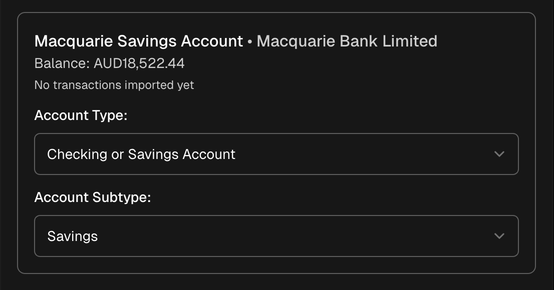 Choosing the account type for an imported account