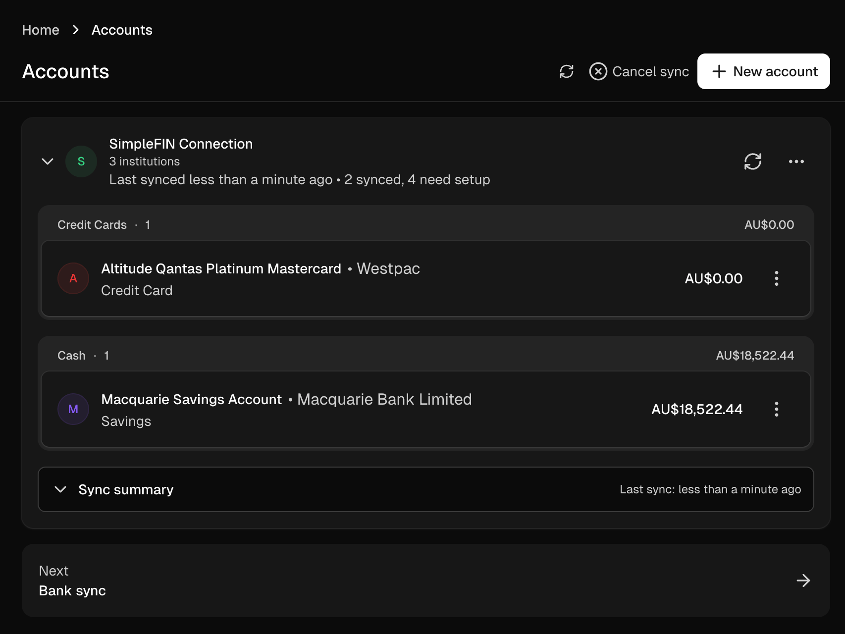 Australian bank accounts synced into Sure with live balances
