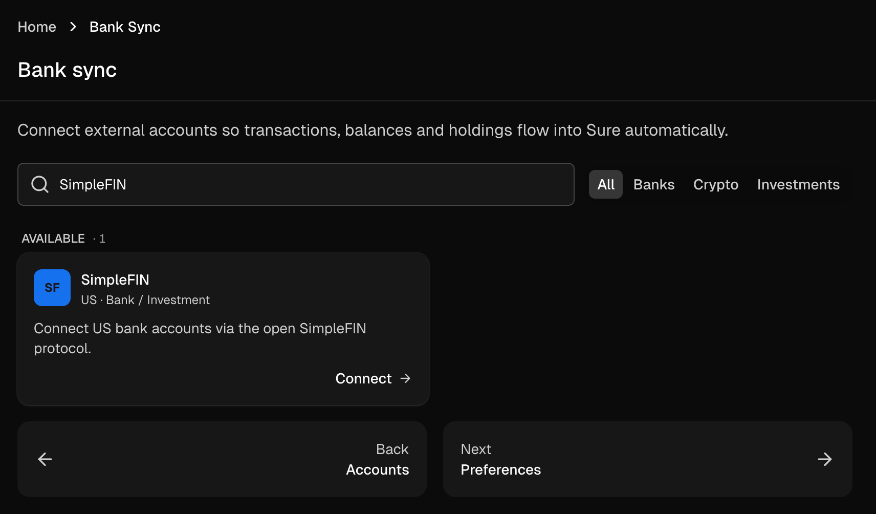 Sure's bank sync screen with the SimpleFIN provider
