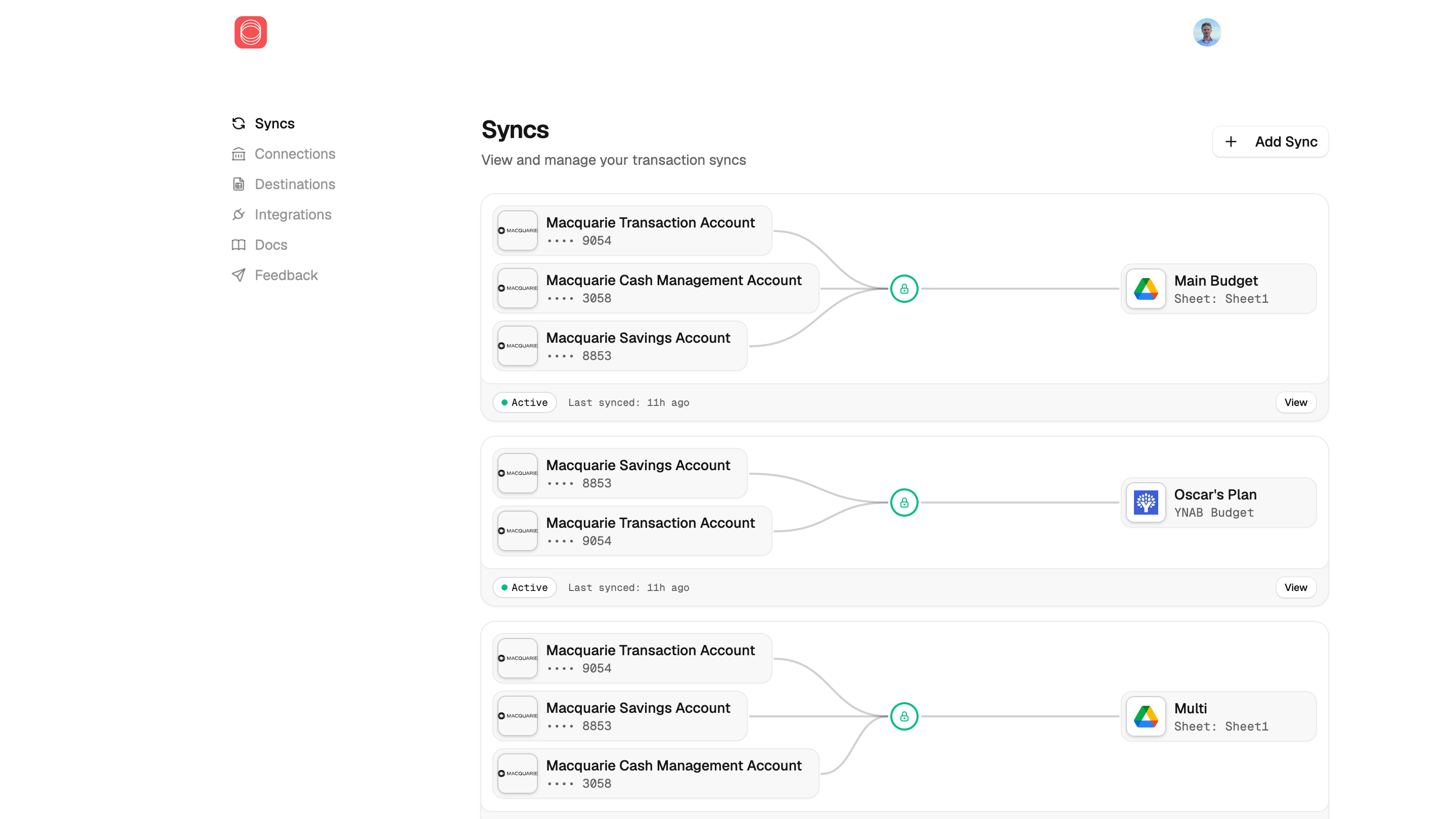 Redbark dashboard showing Australian and New Zealand bank accounts syncing to YNAB and Google Sheets